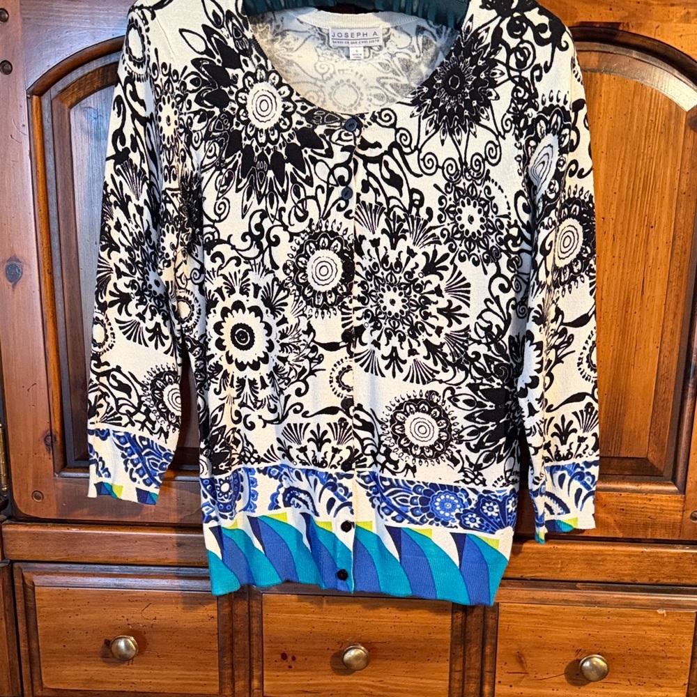 Joseph Black & White Floral Cardigan with Blue and Teal Hem